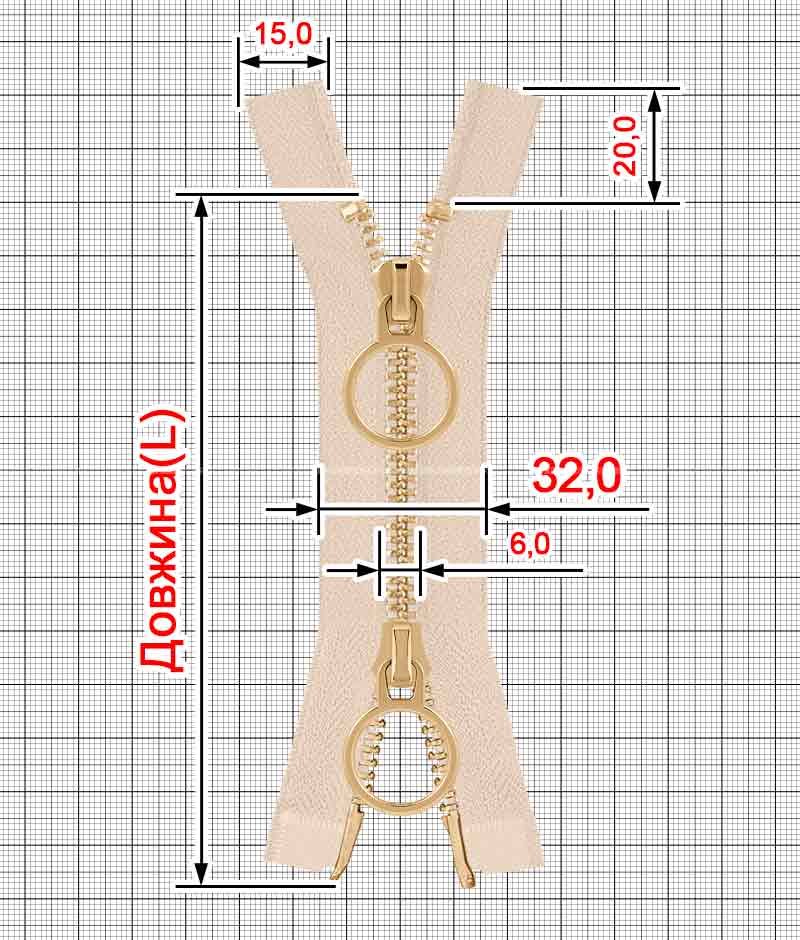 Блискавка металева роз'ємна на два бігунки 041MR-5-548T+548 (031 світло-бежевий/золото) - Фото 1