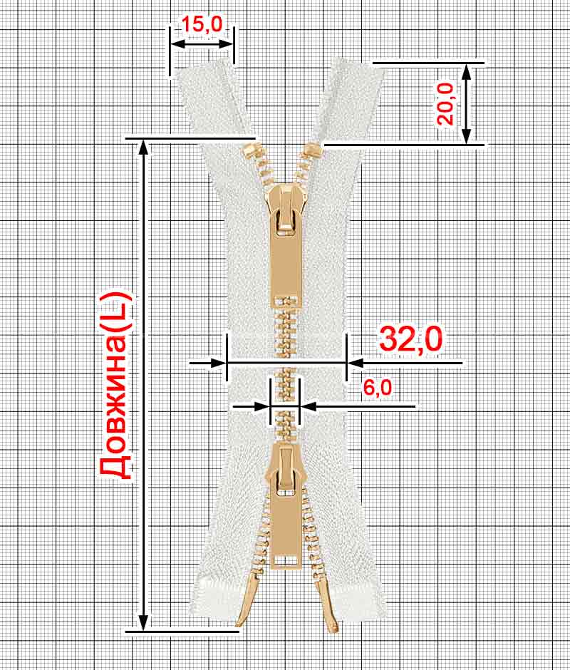 Блискавка металева роз'ємна на два бігунки 041MR-5-549T+549 (030 білий/золото) - Фото 1